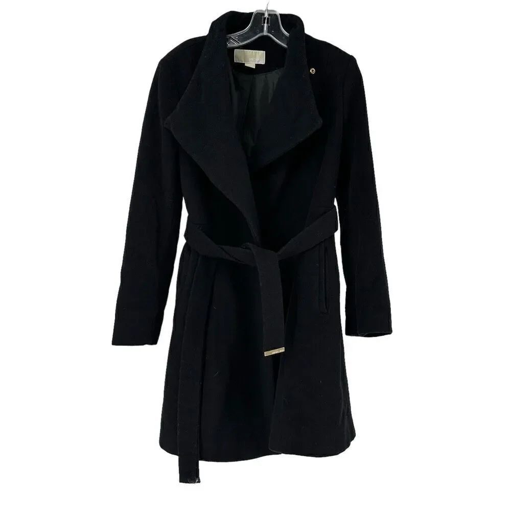Michael Kors Walker Coat Black Wool Blend Belted Womens Size Small Classic Coat